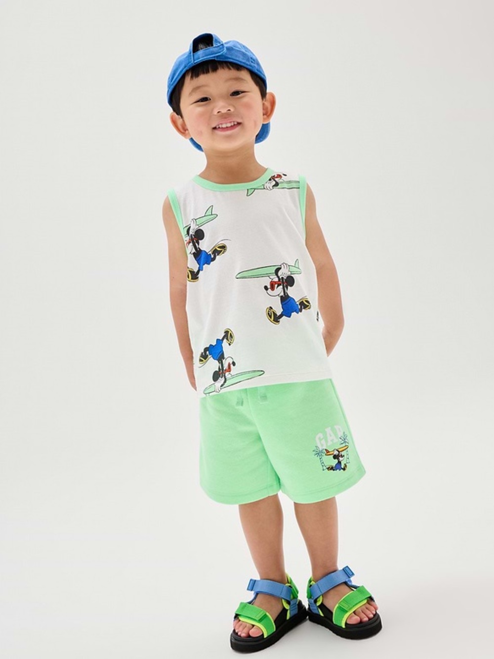 GAP White Tank Top & Light Green Shorts with Mickey Surf Print, Size 5